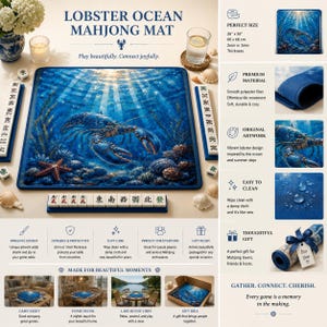 Blue Underwater Lobster Mahjong Mat,Ocean Sea Life Game Table Mat,Coastal Nautical Preppy Mahjong Board,mahjong Mat with Storage Bag, 26'' image 2