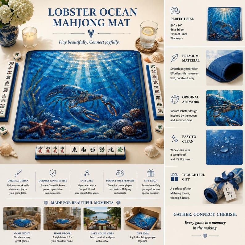 Blue Underwater Lobster Mahjong Mat,Ocean Sea Life Game Table Mat,Coastal Nautical Preppy Mahjong Board,mahjong Mat with Storage Bag, 26'' image 2