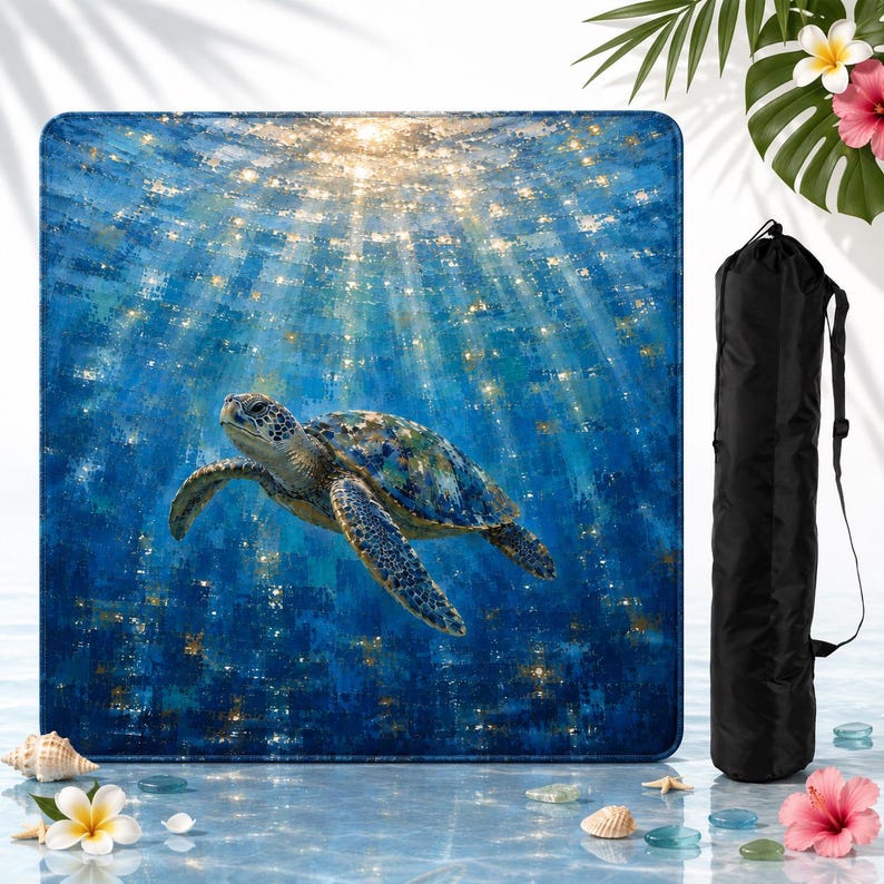 May include: A square beach towel featuring an impressionistic painting of a sea turtle swimming in deep blue water with light rays filtering from above. Beside the towel is a black cylindrical carrying bag with a shoulder strap.