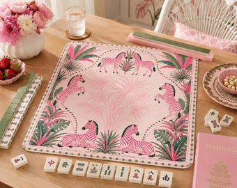 Pink Zebra Mahjong Mat with Storage Bag, Preppy Palm Beach Mahjong Table Mat, Tropical Game Night Decor, Mahjong Gift for Women 26"