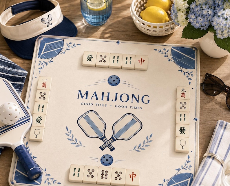 Puede incluir: Un tablero de juego cuadrado con fondo crema, detalles florales azules y el texto "MAHJONG GOOD TILES GOOD TIMES" en el centro. El tablero presenta ilustraciones de dos palas de pickleball y est&aacute; rodeado por filas de fichas de mahjong.