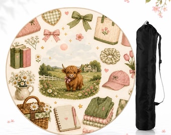 Tapete de juego Highland Cow, tapete de mesa Cottagecore Highland Cow, tapete de juego redondo estilo granja preppy, decoración campestre rosa y verde, regalo para amantes de las vacas