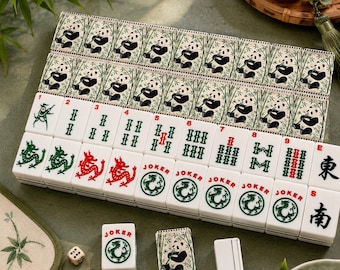 Panda Mahjong Tiles Set, Bamboo Panda Mahjong Gift, Chinoiserie Mahjong Tiles, Cute Panda Game Set