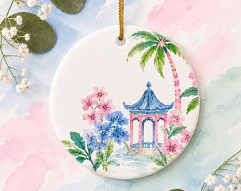 Chinoiserie Palm Ornament,Tropical Pagoda Christmas Ornament,Blue Pink Floral Ceramic Ornament, Palm Beach Preppy Gift,Coastal Holiday Decor