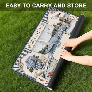 Coastal Lake Life Mahjong Mat, Nautical Mahjong Game Mat, Hydrangea Coastal Decor, Blue Lake House Mahjong Gift zdjęcie 5