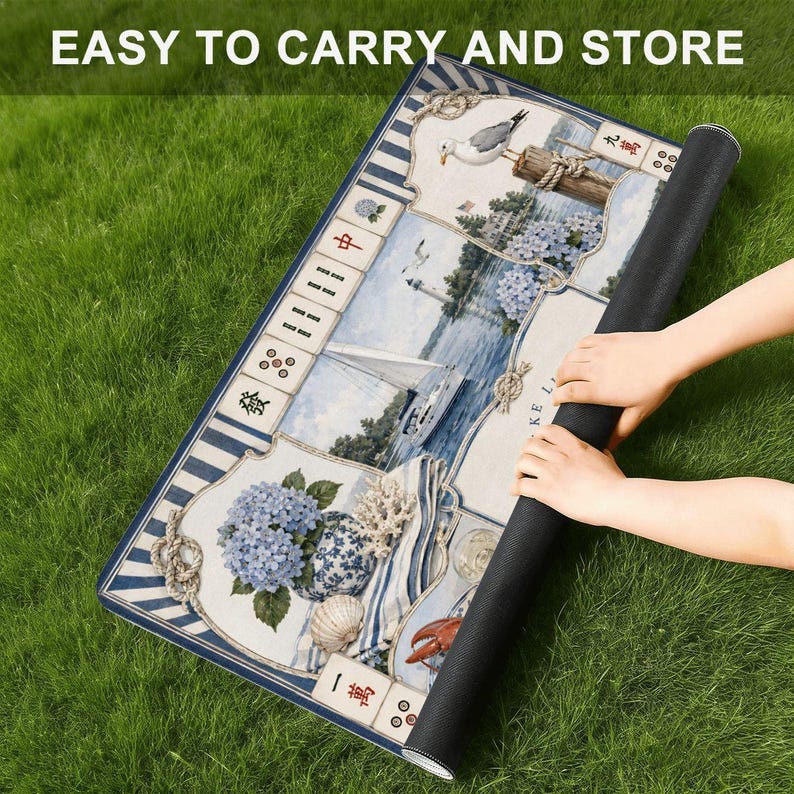 Coastal Lake Life Mahjong Mat, Nautical Mahjong Game Mat, Hydrangea Coastal Decor, Blue Lake House Mahjong Gift zdjęcie 5