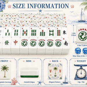 May include: A Mahjong tile set featuring white tiles with green, red, and black character engravings. The set includes tiles with palm tree and lobster patterns, two blue dice, and a scale showing a weight of 14g per tile. Dimensions are 1.4in by 1.0in by 0.5in.