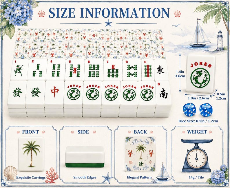 May include: A Mahjong tile set featuring white tiles with green, red, and black character engravings. The set includes tiles with palm tree and lobster patterns, two blue dice, and a scale showing a weight of 14g per tile. Dimensions are 1.4in by 1.0in by 0.5in.