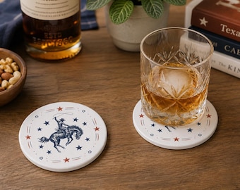 Western Cowboy Coaster Set, Rustic Ceramic Coasters, Rodeo Drink Coasters, Cowboy Bar Decor, Americana Western Gift
