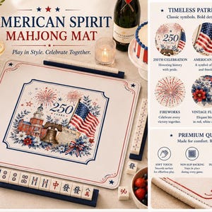 May include: A rectangular mahjong mat featuring a patriotic design with an American flag, the Liberty Bell, and the text 250 YEARS. The mat has a cream-colored surface with red, white, and blue floral accents, fireworks, and a decorative border.
