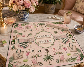 Country Club Mahjong Mat, Palm Beach Mahjong Game Mat, Preppy Pink & Green Mahjong Table Cover 26"