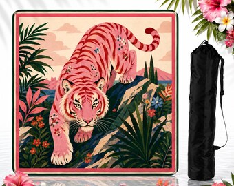 Preppy Pink Tiger Mahjong Mat,Tropical Tiger Game Mat,Palm Beach Table Mat, Colorful Jungle Mahjong Accessory,Gift for Players 26''.mahjong
