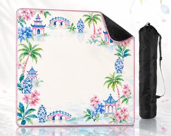 Chinoiserie Mahjong Mat,Palm Beach Mahjong Table Mat, Tropical Pagoda Game Mat, Blue Pink Floral Mahjong Mat, Preppy Garden Party Gift 31.5"