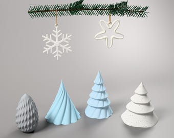 Christmas Decor Set with Trees, Pine Cone and Ornaments – LED Tea Light Holders, 3D Printed Scandi Winter Decor