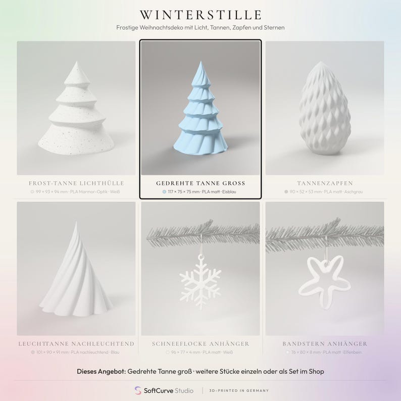 Weihnachtsdeko Tanne eisblau gedreht – moderne Tannenbaum Figur, Skandi Winterdeko, 3D-Druck – collage-focus