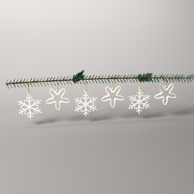 6er-Set Anhänger Weihnachtsdeko, Schneeflocke und Stern als Christbaumschmuck, Baumschmuck skandinavisch aus 3D-Druck in Weiß – bundle-alt