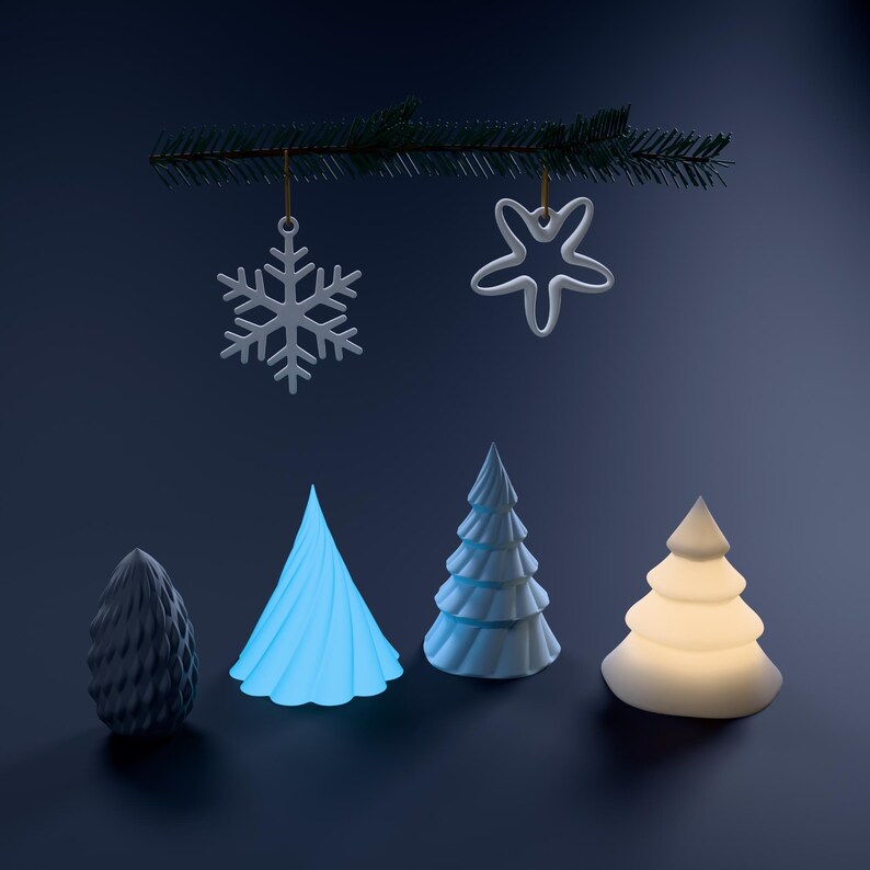 Weihnachtsdeko Set Tannen, Zapfen und Sterne – LED Teelichthalter und Anhänger, 3D-Druck skandinavisch – night