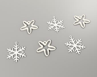 Set of 6 Christmas ornaments, snowflake and star tree decorations, minimalist Scandinavian 3D printed decor in white and ivory