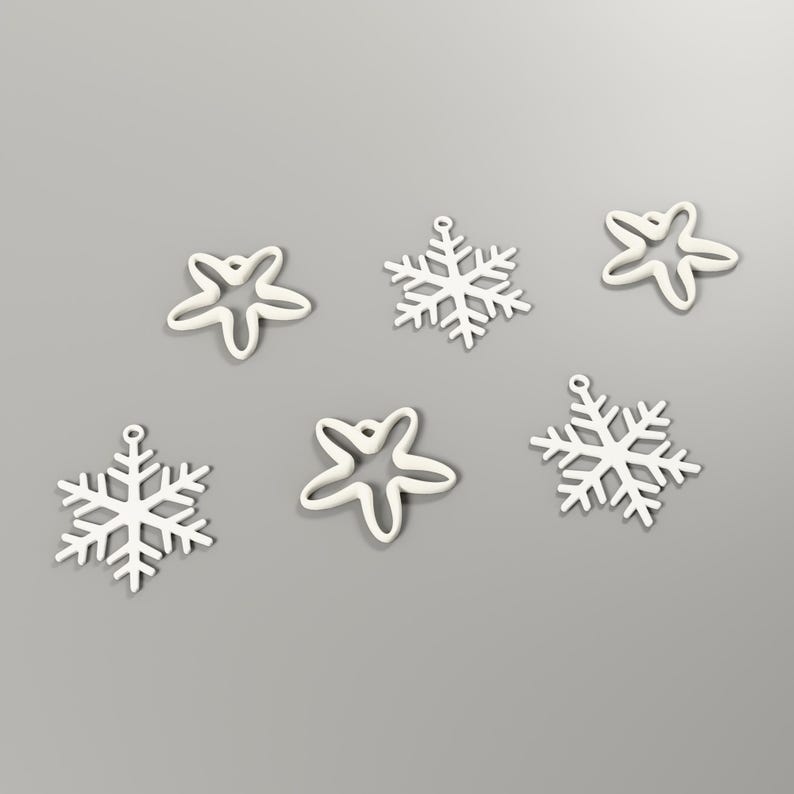 6er-Set Anhänger Weihnachtsdeko, Schneeflocke und Stern als Christbaumschmuck, Baumschmuck skandinavisch aus 3D-Druck in Weiß – bundle-hero