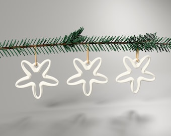 Set of 3 ribbon star ornaments in ivory – Scandinavian Christmas tree decor, minimalist 3D printed star ornament set