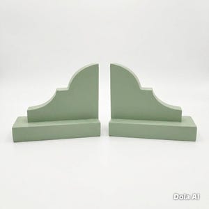 May include: A pair of sage green bookends. Each bookend has a rectangular base and a stepped, curved top. The bookends are made of a solid material and painted in a matte finish. The design is symmetrical.
