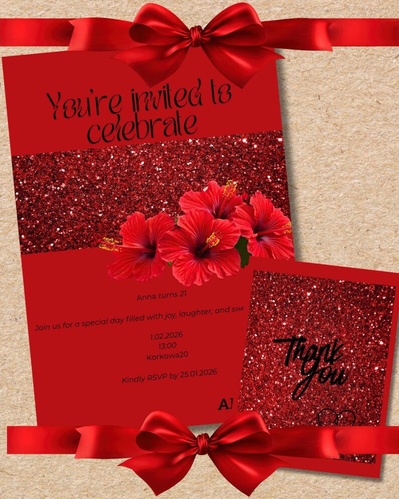 Editable Red Birthday Invitation Template | Floral Glitter Invite ...