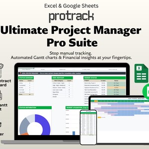 Könnte beinhalten: Ein Projektmanagement-Softwarepaket, "protrack Ultimate Project Manager Pro Suite", wird auf einem Laptop, Tablet und Smartphone gezeigt. Es bietet automatisierte Gantt-Diagramme und Finanzinformationen. Symbole für rechtliche Vertragssicherung, Auto-Gantt-Diagramm und VO-Tracker.