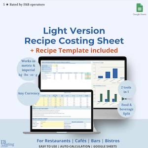 Light Recipe Costing Sheet & Recipe Template | Google Sheets | Food Cost Calculator | Restaurant Menu Pricing