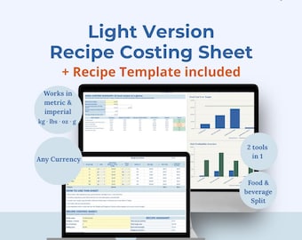 Kostenblad voor lichte recepten en receptsjabloon | Google Spreadsheets | Voedselkostencalculator | Prijs menu restaurant