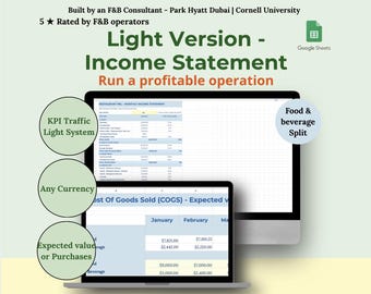 Simple Restaurant P and L | Monthly Income Statement Google Sheets | Food Cost Tracker | Hospitality