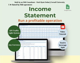 Restaurant Profit and Loss Template | Monthly P and L Google Sheets | Food & Beverage | KPI Dashboard