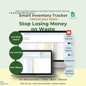 May include: A digital Smart Inventory Tracker for Google Sheets displayed on a laptop and monitor. Text includes: Built by an F&B Consultant, Smart Inventory Tracker, Control your stock, Stop Losing Money on Waste, Live Stock Control, Any Currency, Price History, Video Tutorial, Dashboard, Supplier Directory, For Restaurants, Cafés, Bars, Bistros, Easy to use, Auto-calculation.