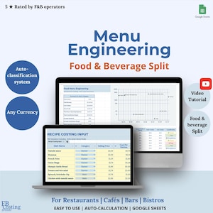 Peut inclure: Un ordinateur portable et un moniteur affichent une feuille de calcul d'ingénierie de menu. Le texte à l'écran comprend "Recipe Costing Input" et "Food Menu Engineering". Le texte supplémentaire comprend "Auto-classification system", "Any Currency" et "Food & Beverage Split".