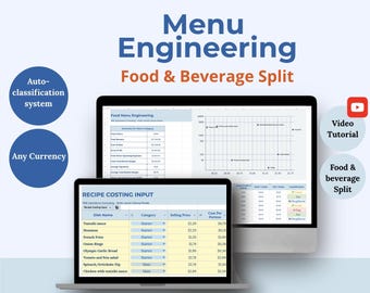 May include: A laptop and monitor showing a menu engineering spreadsheet. The text on the screen includes "Recipe Costing Input" and "Food Menu Engineering." Additional text includes "Auto-classification system," "Any Currency," and "Food & Beverage Split."