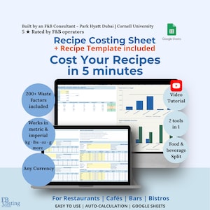Food Cost Calculator | Recipe Costing Sheet & Recipe Template | Google Sheets | Restaurant Menu Pricing | Food Cost Spreadsheet