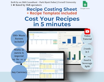 Food Cost Calculator | Recipe Costing Sheet & Recipe Template | Google Sheets | Restaurant Menu Pricing | Food Cost Spreadsheet