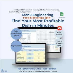 Menu Engineering Template | Restaurant Menu Profitability | Google Sheets | Food Cost Calculator | Menu Pricing