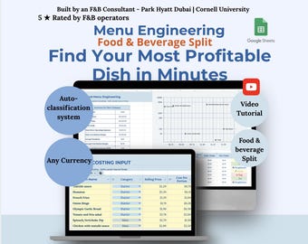 Menu Engineering Template | Restaurant Menu Profitability | Google Sheets | Food Cost Calculator | Menu Pricing