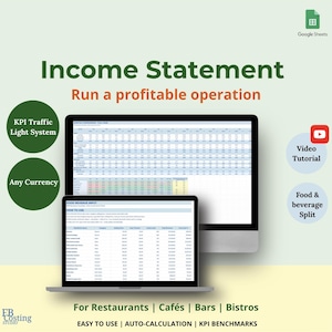 Puede incluir: Una pantalla de ordenador y un portátil muestran una hoja de cálculo titulada "Income Statement". La imagen incluye texto que dice "Run a profitable operation", "KPI Traffic Light System" y "Any Currency". Texto adicional indica que el software es para restaurantes, cafés, bares y bistrós.