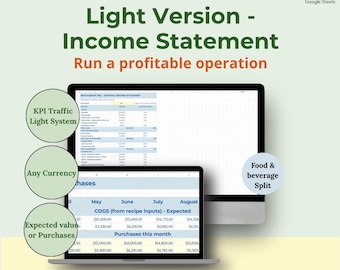 Simple Restaurant P and L | Monthly Income Statement Google Sheets | Food Cost Tracker | Hospitality