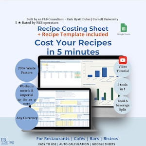 Puede incluir: Una hoja de cálculo de costos de recetas y plantilla para Google Sheets, con tablas de datos y gráficos de barras. El texto incluye: Recipe Costing Sheet, Cost Your Recipes in 5 minutes, 200+ Waste Factors, Works in metric & imperial, Any Currency, Video Tutorial, 2 tools in 1, Food & beverage Split, For Restaurants, Cafés, Bars, Bistros.