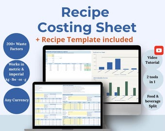 May include: A digital recipe costing sheet template displayed on a laptop and desktop computer. The text includes "Recipe Costing Sheet" and "Recipe Template included." Features include metric and imperial units, any currency, and a video tutorial.