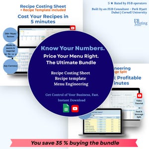 Puede incluir: Un paquete digital para el cálculo de costos de recetas e ingeniería de menús con un gráfico circular azul oscuro y texto blanco que dice Know Your Numbers. Price Your Menu Right. The Ultimate Bundle. Incluye hojas de cálculo e iconos.