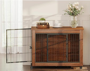 Wooden Pet Crate Furniture with Metal Doors, Dog Enclosure, Rustic Pet Kennel TV Stand.