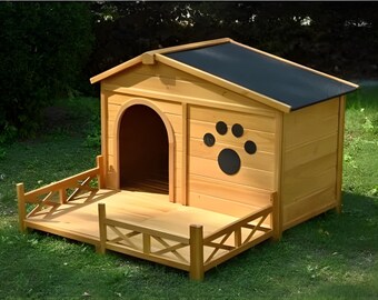 Wooden Outdoor Dog House with Porch, All-Weather Pet Shed, Play Area