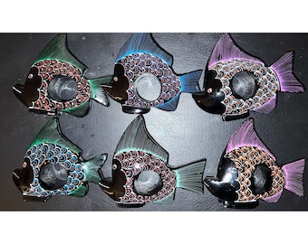 Set Of 6 Hand Painted Wood Tropical Fish Table Napkin Rings Holder Vintage