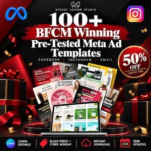 May include: A digital marketing resource titled 100+ BFCM Winning Pre-Tested Meta Ad Templates by Steady Ledger Studio. The graphic features a laptop displaying ad examples, surrounded by gift boxes, social media icons, and a 50% off badge.