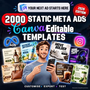 Könnte beinhalten: Eine digitale Grafik mit 2000 statischen Meta-Anzeigen-Vorlagen, die für die Ausgabe 2026 in Canva bearbeitbar sind. Das Bild zeigt eine Person mit einem Smartphone, umgeben von verschiedenen Werbe-Mockups für Hautpflege, Getränke, Schuhe und Elektronik.