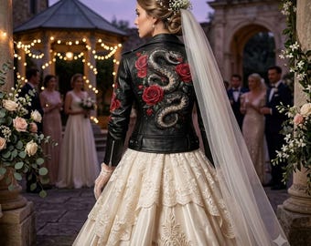 Black Leather Bridal Jacket, Snake Rose Design, Gothic Wedding Outfit, Alternative Bride
