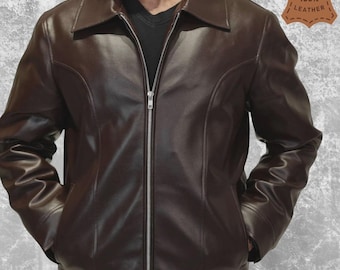 Men's Vintage Brown Genuine Leather Jacket | Classic Zip-Up Retro Style